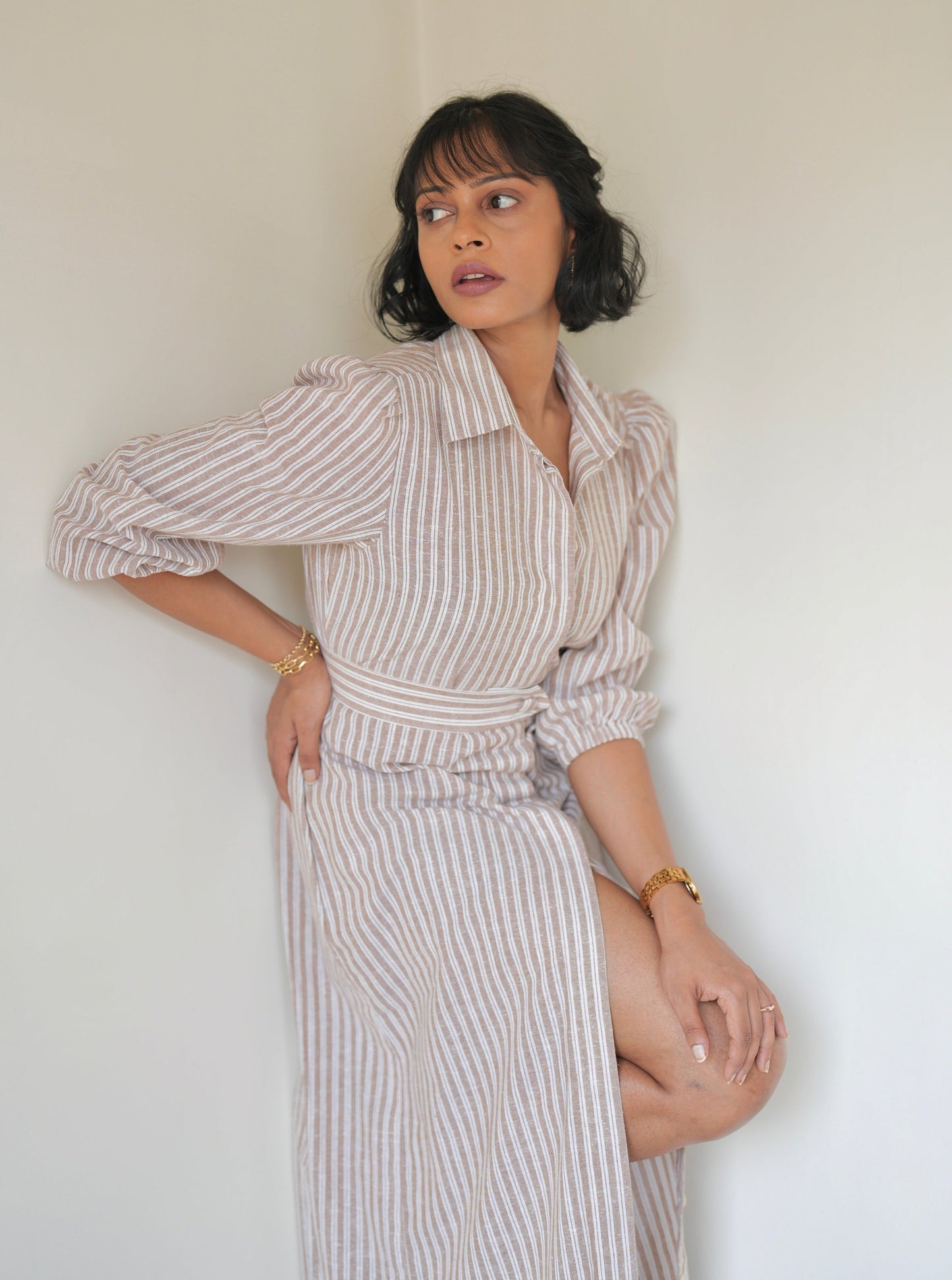 Sand Striped Shirt Dress