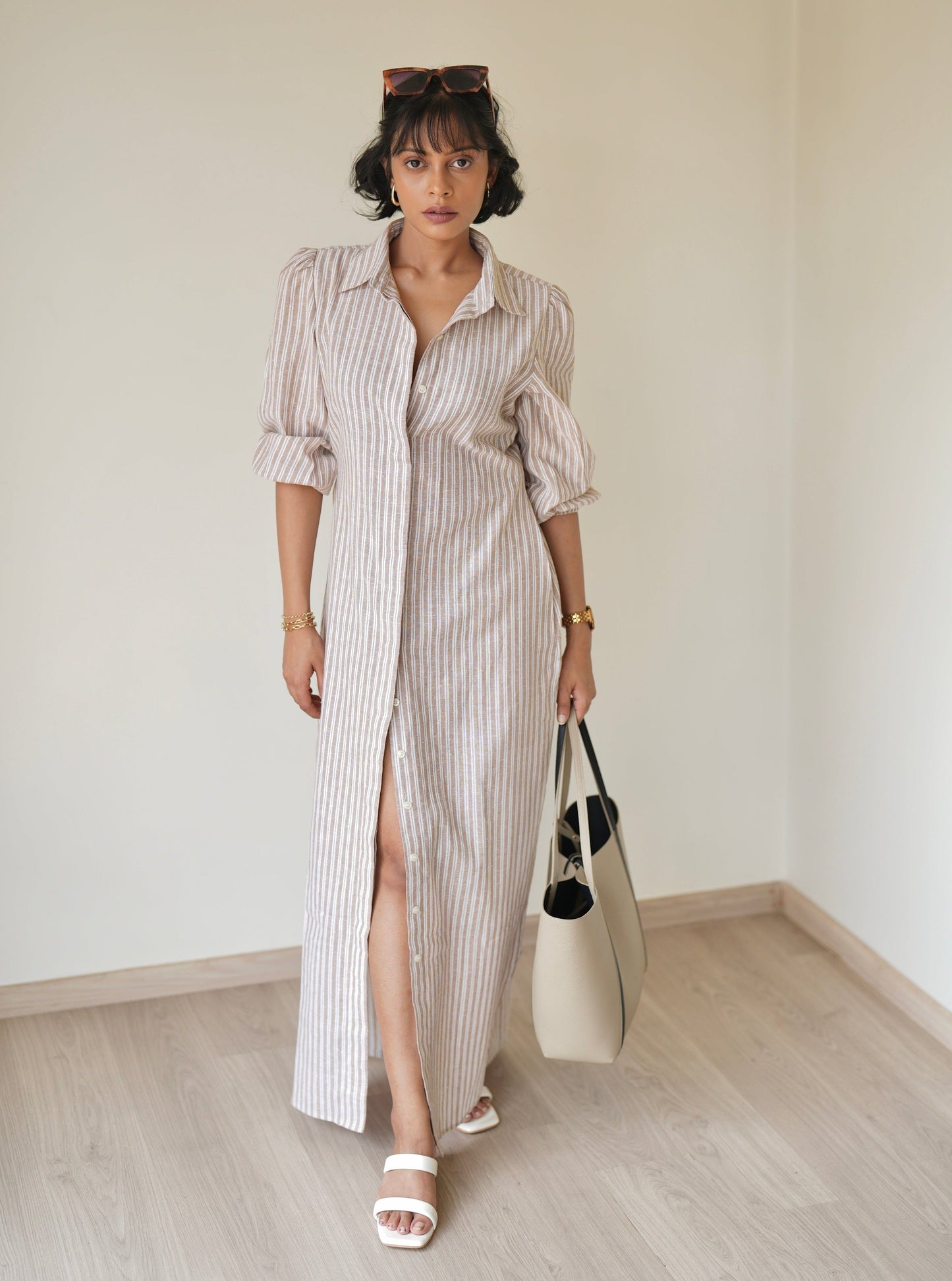 Sand Striped Shirt Dress