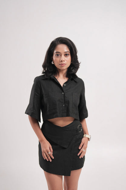 Black Linen Cropped Shirt