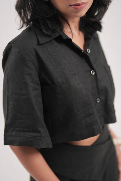 Black Linen Cropped Shirt