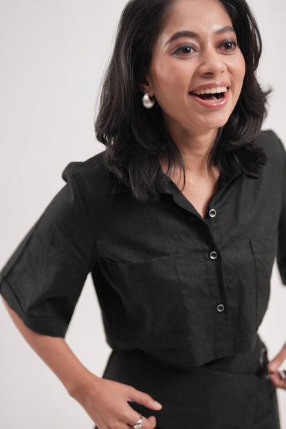 Black Linen Cropped Shirt