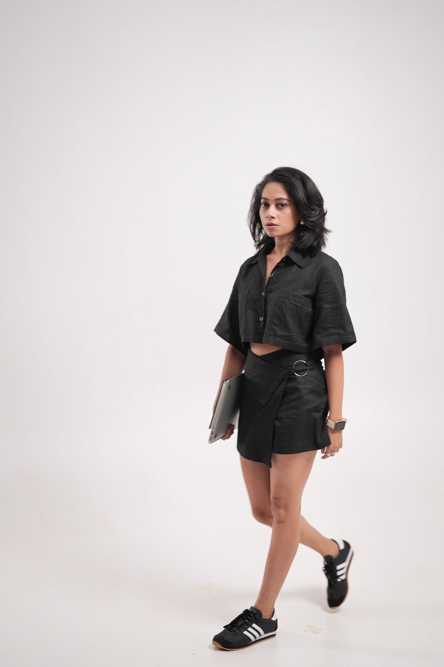 Black Linen Overlap Skorts