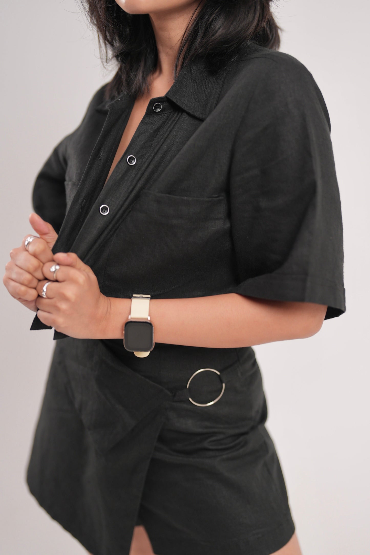 Black Linen Cropped Shirt