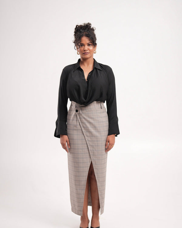 Taupe Plaid Slit Skirt