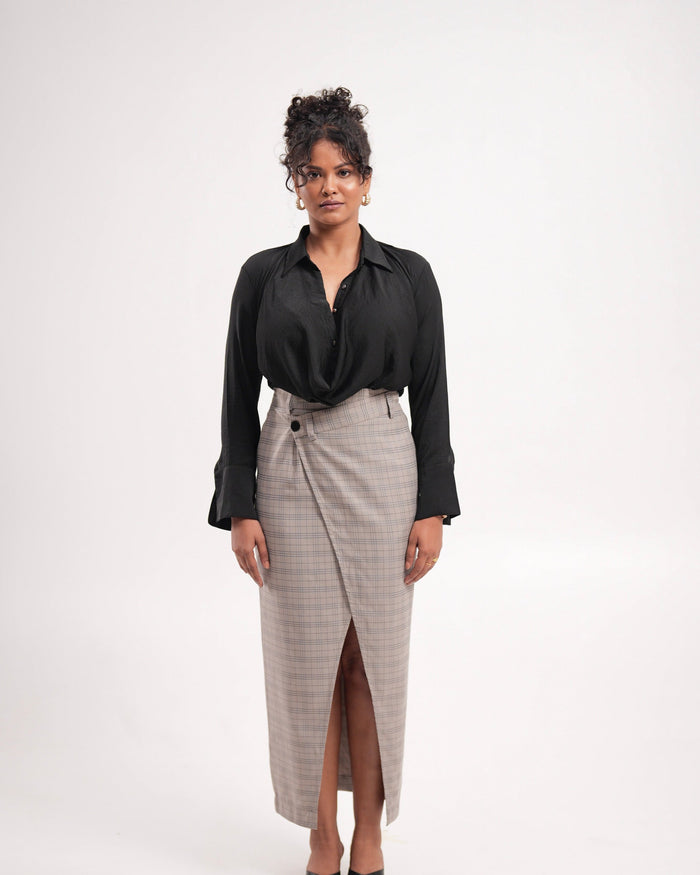 Taupe Plaid Slit Skirt