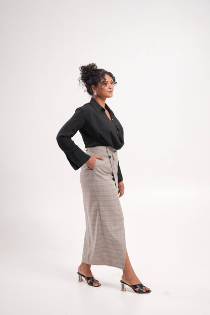 Taupe Plaid Slit Skirt