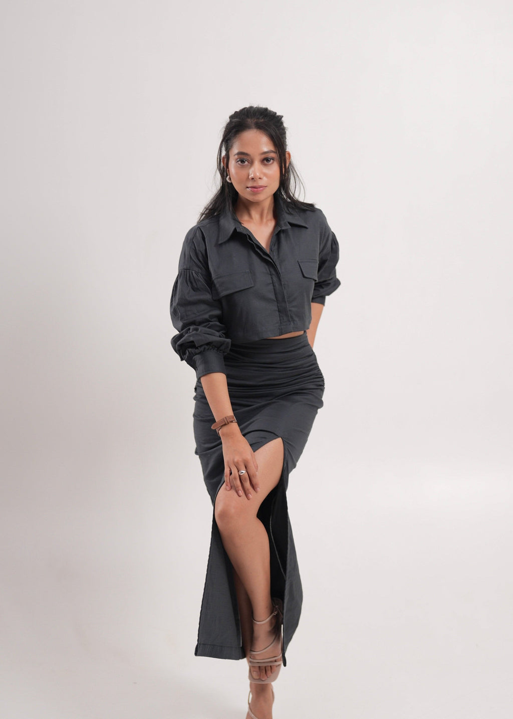 Slate Grey Wrinkled Slit Skirt