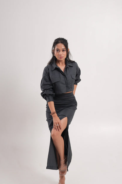 Slate Grey Wrinkled Slit Skirt