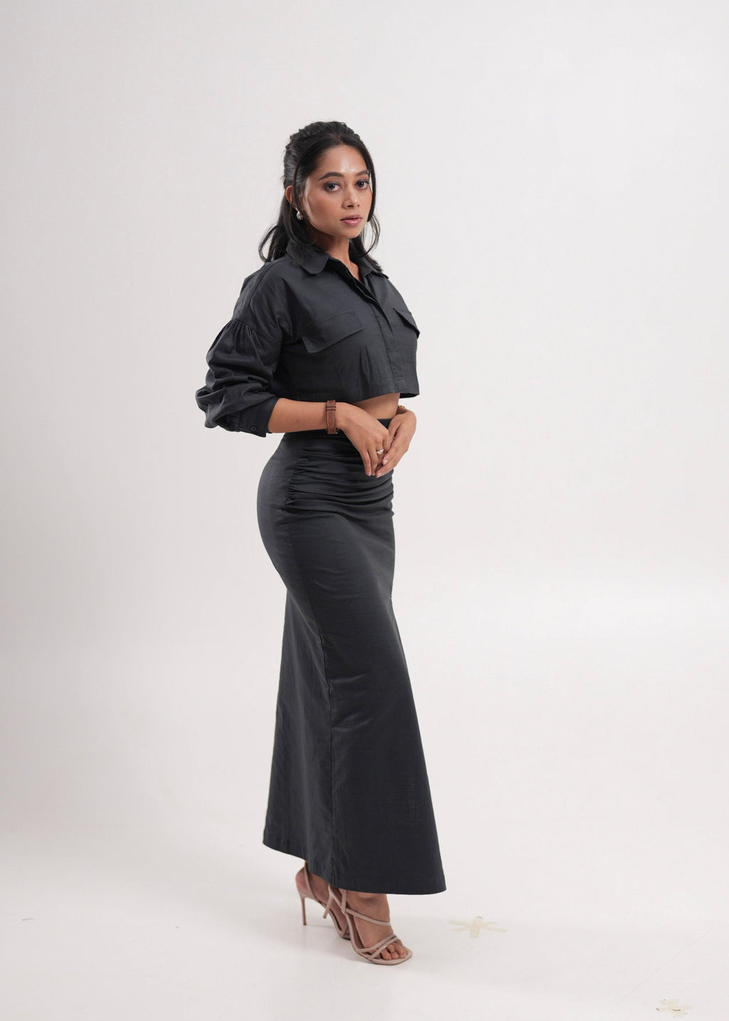 Slate Grey Wrinkled Slit Skirt