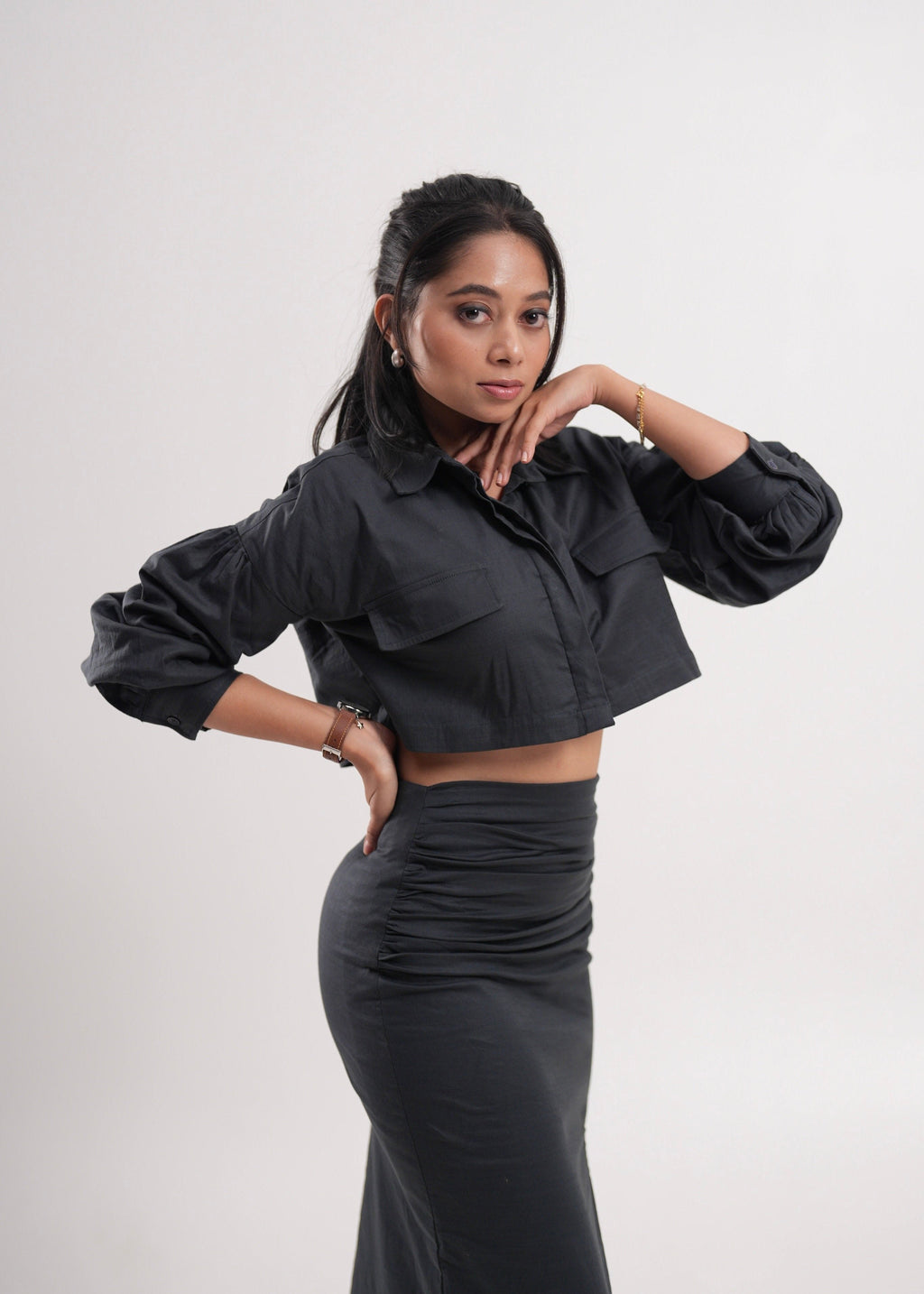 Slate Grey Wrinkled Slit Skirt