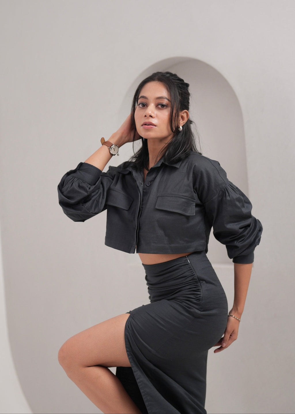 Slate Grey Wrinkled Slit Skirt